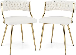 GiantexUK Dining Chairs Set of 2, Upholstered Velvet Kitchen Chairs with Woven Backrest, Metal Legs & Adjustable Foot Pads, Breakfast Side Chairs Seating for Home Dining Living Room Lounge (White)