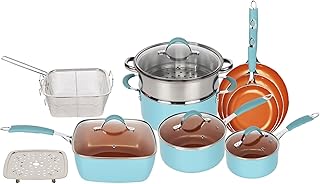 Gr8 Home 14 Piece Induction Cookware Set Non Stick Cooking Pot Frying Pan Steamer Saucepan Kitchenware with Lids (Blue and Copper)