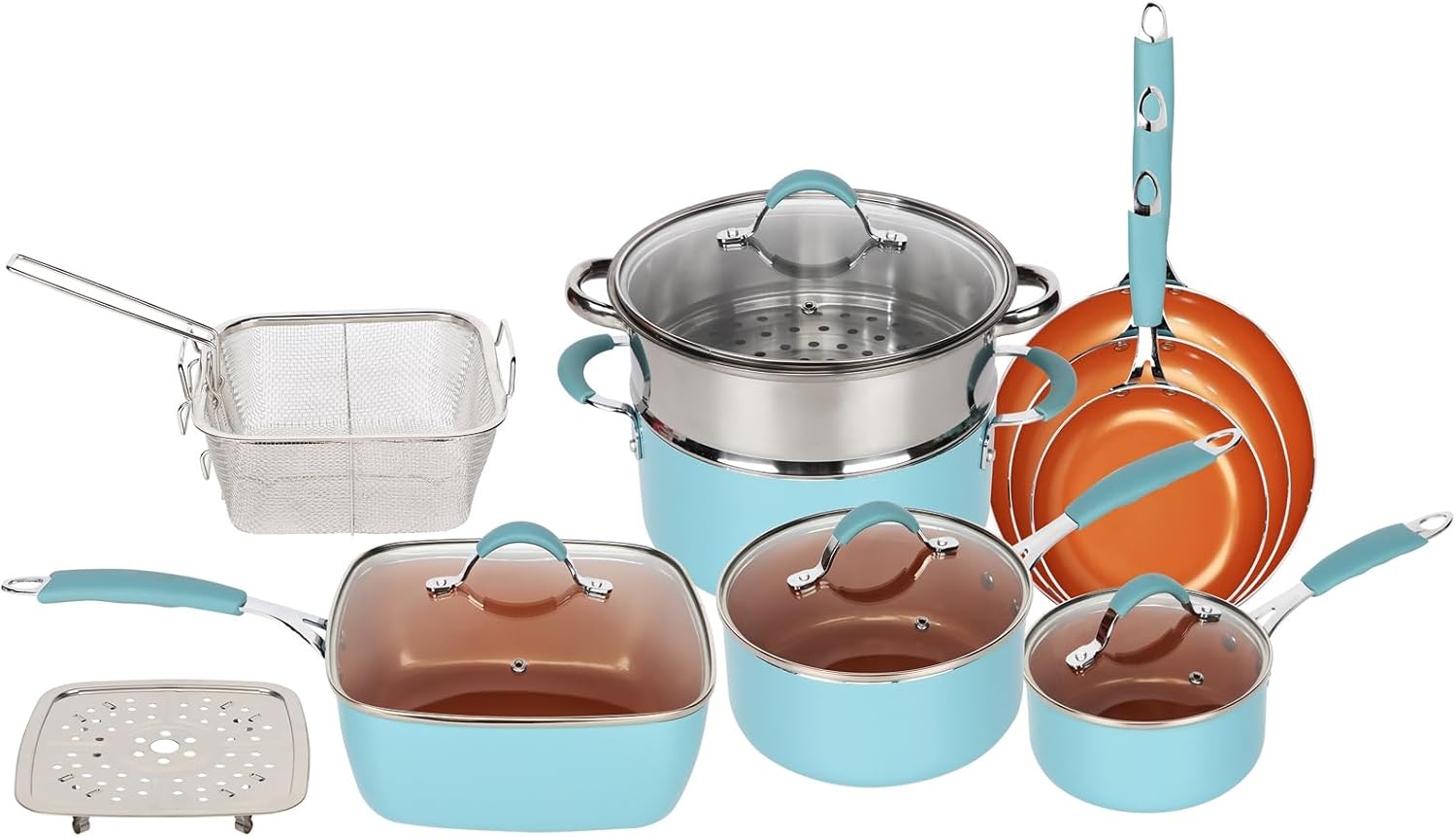 Gr8 Home 14 Piece Induction Cookware Set Non Stick Cooking Pot Frying Pan Steamer Saucepan Kitchenware with Lids (Blue and Copper)-0