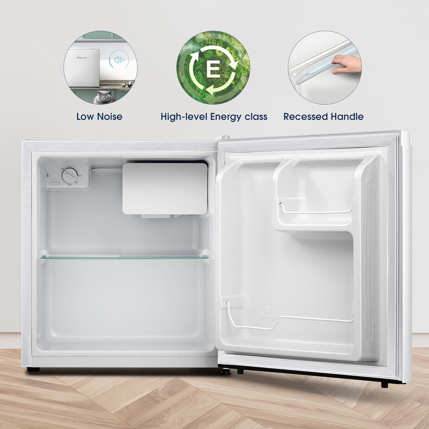 Fridgemaster MUR4545 Small Table Top 45cm Mini Fridge - 45 L - Mechanical Control with Adjustable Thermostat - Reversible Door - 39 dB Low noise - Broad Climate Design - White - E Rated-3