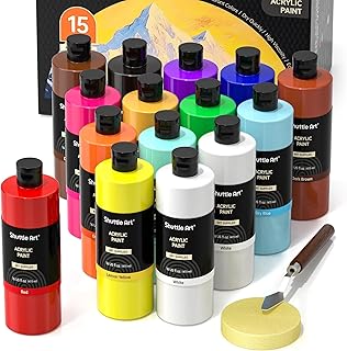 Shuttle Art Acrylic Paint Set, 15 Pack Acrylic Paint Large Bottle Set, 473ml/16oz Each, 14 Colours and 1 Extra White Acrylic Paint, Art Paint for Artists, Beginner & Kids on Rocks Canvas Wood Crafts