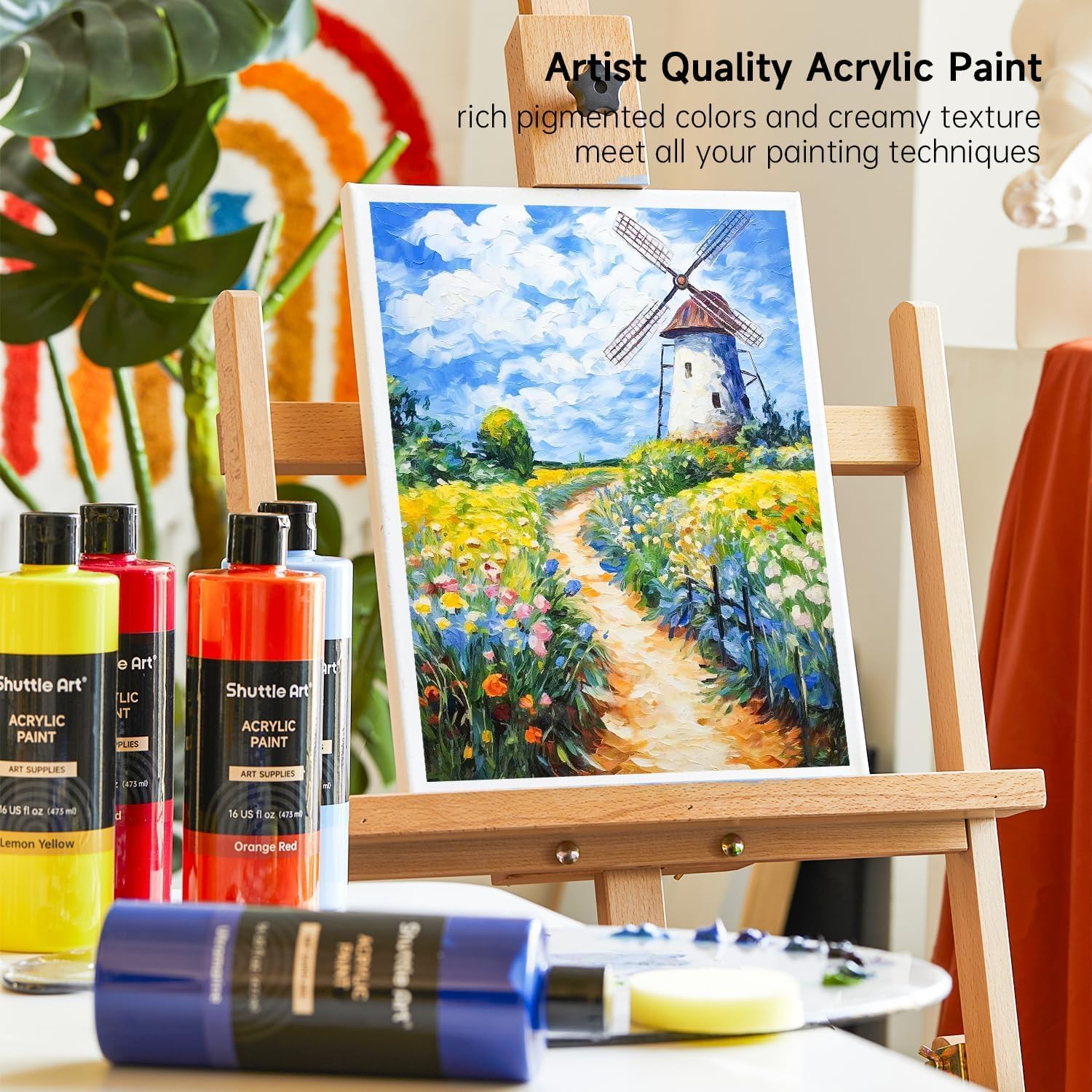 Shuttle Art Acrylic Paint Set, 15 Pack Acrylic Paint Large Bottle Set, 473ml/16oz Each, 14 Colours and 1 Extra White Acrylic Paint, Art Paint for Artists, Beginner & Kids on Rocks Canvas Wood Crafts-4