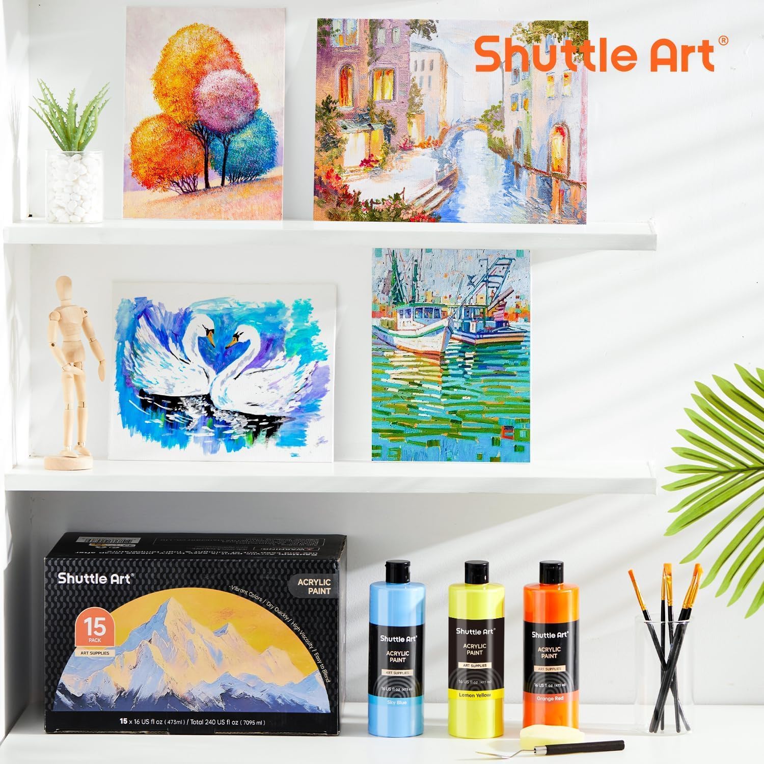 Shuttle Art Acrylic Paint Set, 15 Pack Acrylic Paint Large Bottle Set, 473ml/16oz Each, 14 Colours and 1 Extra White Acrylic Paint, Art Paint for Artists, Beginner & Kids on Rocks Canvas Wood Crafts-6