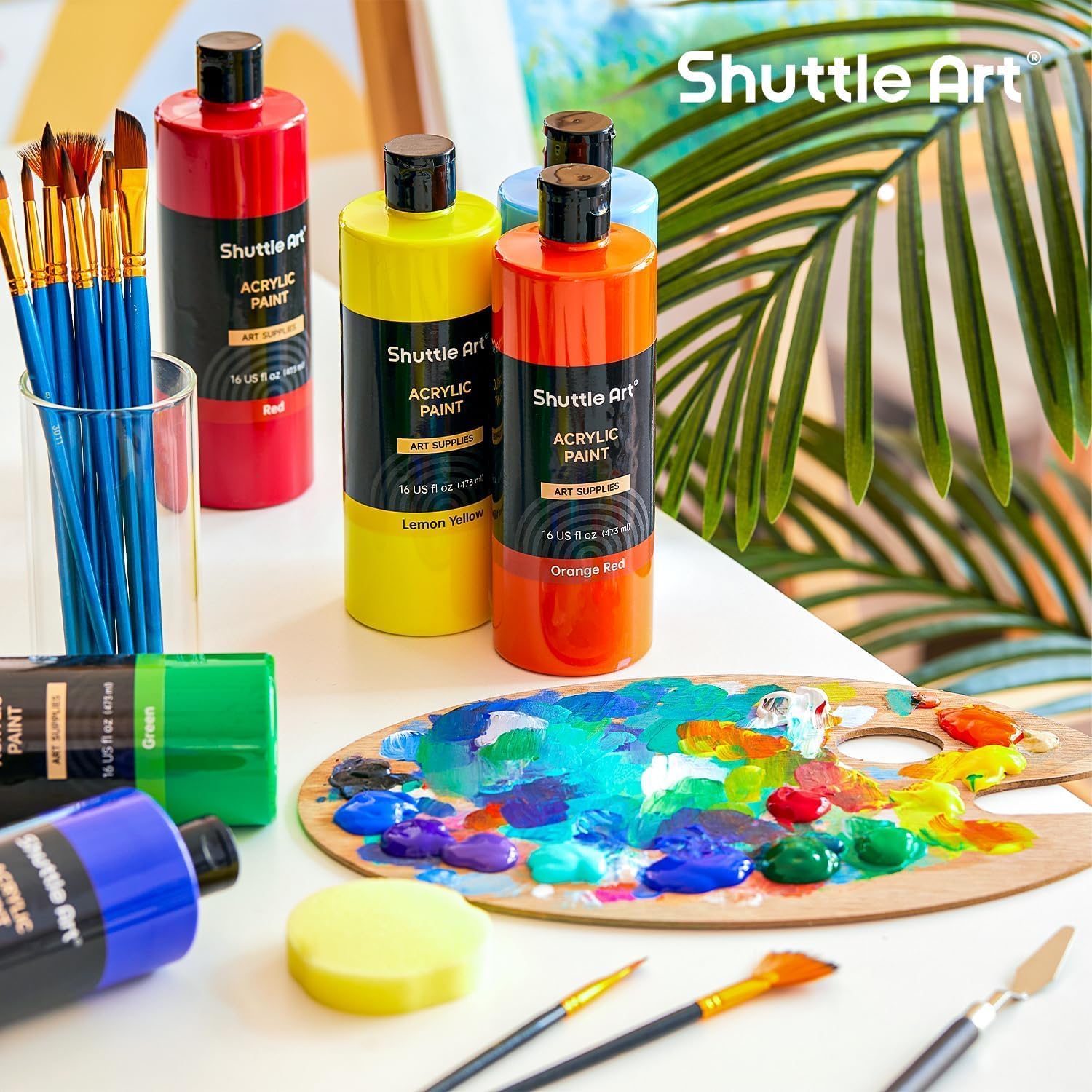 Shuttle Art Acrylic Paint Set, 15 Pack Acrylic Paint Large Bottle Set, 473ml/16oz Each, 14 Colours and 1 Extra White Acrylic Paint, Art Paint for Artists, Beginner & Kids on Rocks Canvas Wood Crafts-7