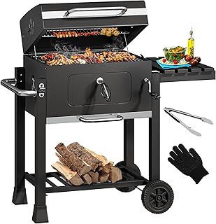 YITAHOME XL Charcoal Smoker BBQ, Portable Barbecue Grill with Height Adjustable Deluxe Enamel Charcoal Tray & Temperature Gauge for Party, Camping, Patio, Garden, Comes with Kitchen Tong and Glove