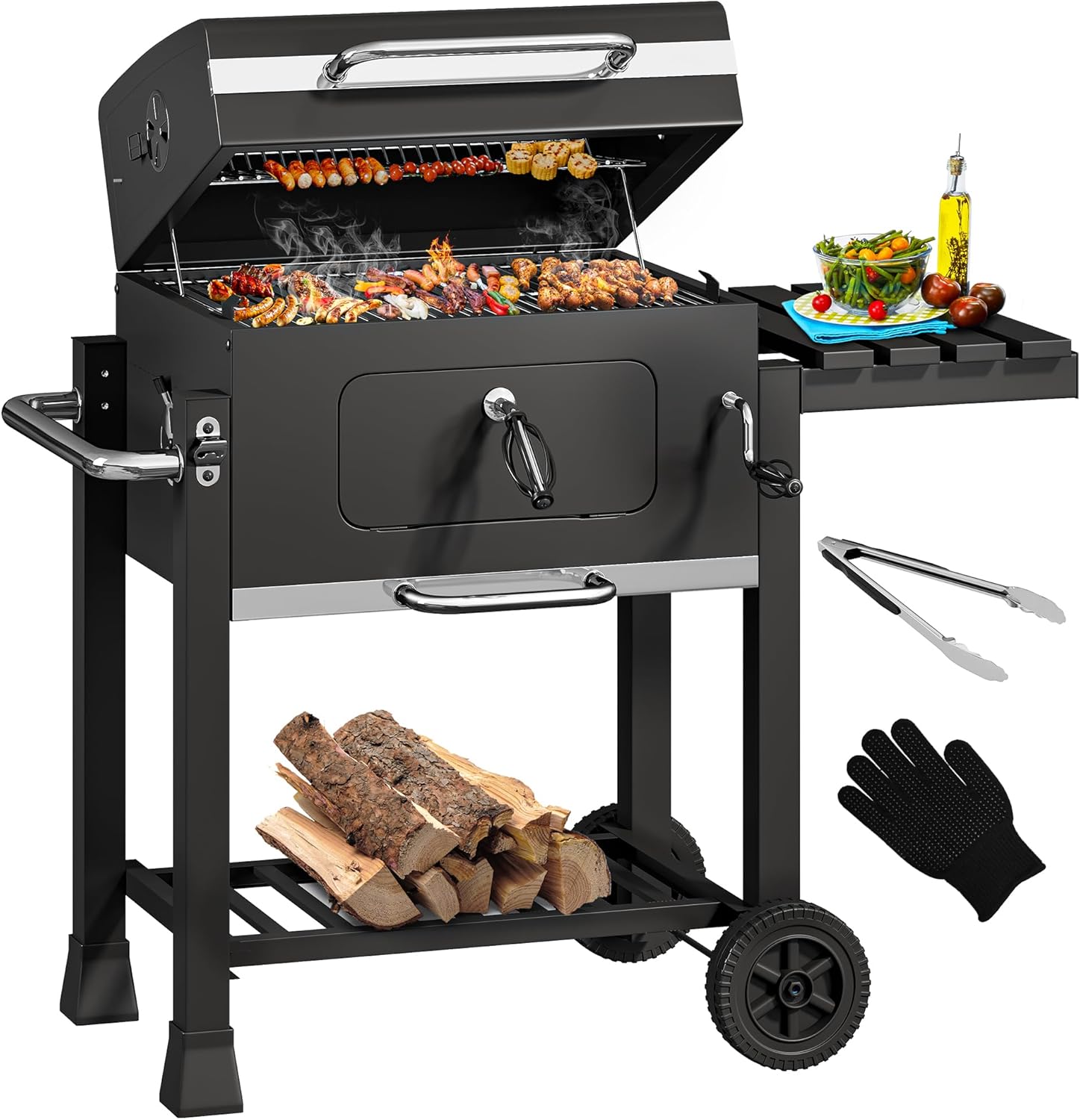 YITAHOME XL Charcoal Smoker BBQ, Portable Barbecue Grill with Height Adjustable Deluxe Enamel Charcoal Tray & Temperature Gauge for Party, Camping, Patio, Garden, Comes with Kitchen Tong and Glove-0