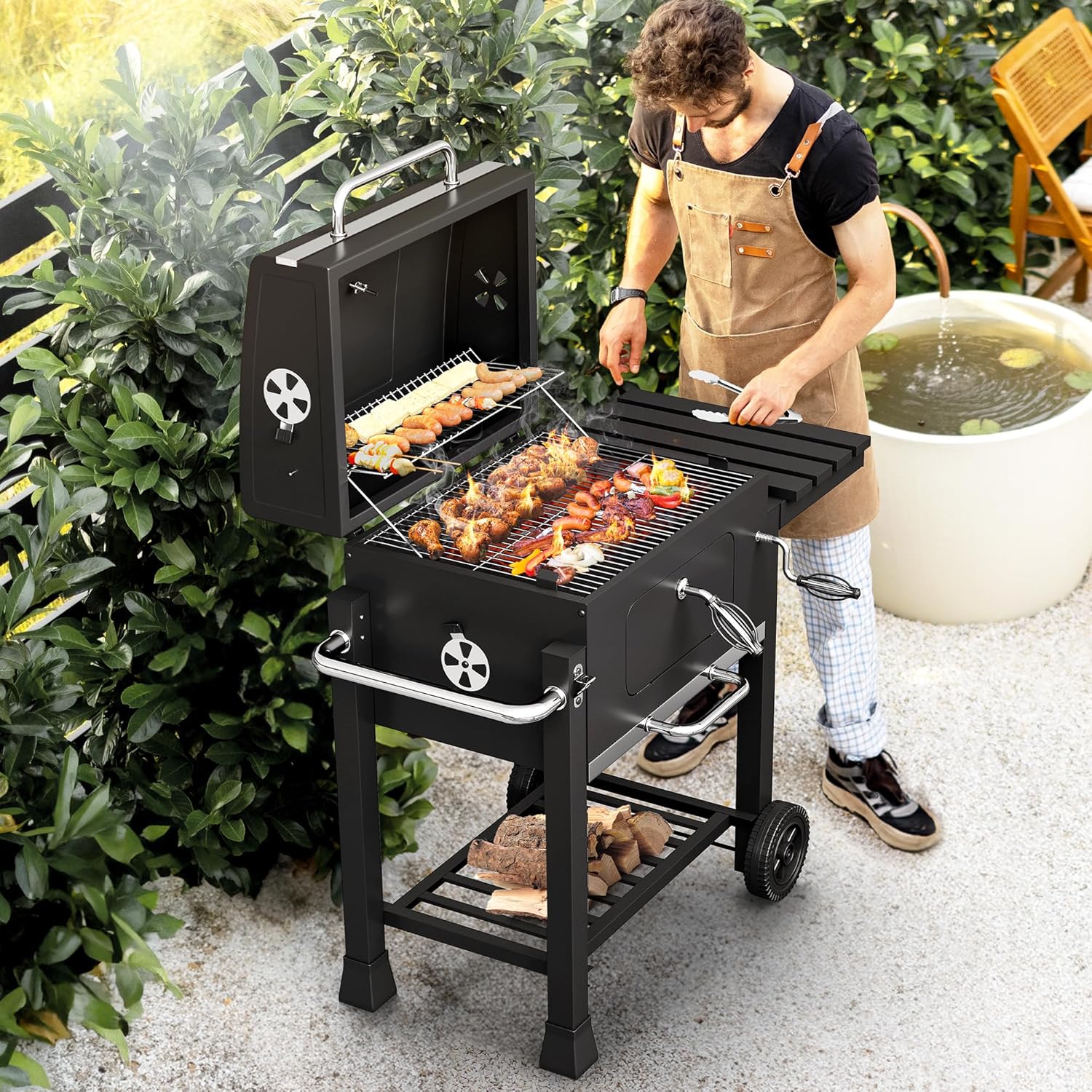 YITAHOME XL Charcoal Smoker BBQ, Portable Barbecue Grill with Height Adjustable Deluxe Enamel Charcoal Tray & Temperature Gauge for Party, Camping, Patio, Garden, Comes with Kitchen Tong and Glove-3