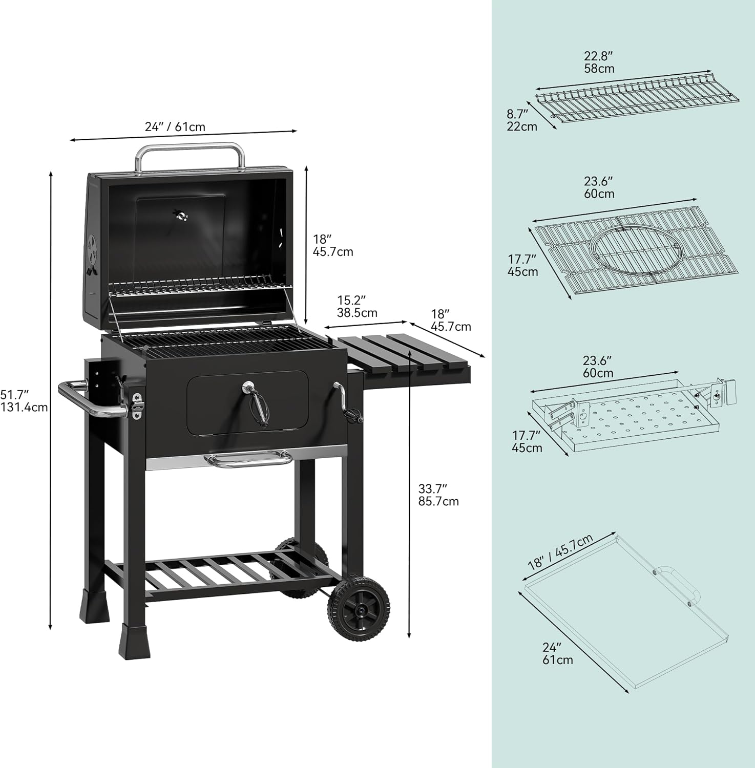 YITAHOME XL Charcoal Smoker BBQ, Portable Barbecue Grill with Height Adjustable Deluxe Enamel Charcoal Tray & Temperature Gauge for Party, Camping, Patio, Garden, Comes with Kitchen Tong and Glove-5