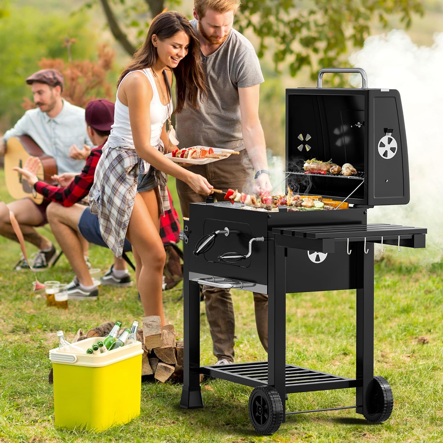 YITAHOME XL Charcoal Smoker BBQ, Portable Barbecue Grill with Height Adjustable Deluxe Enamel Charcoal Tray & Temperature Gauge for Party, Camping, Patio, Garden, Comes with Kitchen Tong and Glove-6