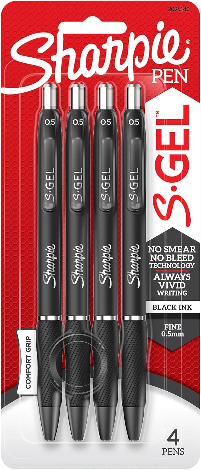 Sharpie S-Gel Pens | Fine Point 0.5mm | Black Ink | Pack of 4 | Retractable Gel Pens | Comfort Grip-0