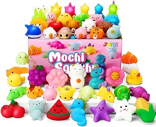 JOYIN Mochi Squishy Toys Set, 50 Pack Mini Mochi Party Favors for Kids, Kawaii Squishy Toy Stress Relief Toys, Goodie Bags Fillers with Storage Box, Pinata Stuffers, Classroom Prizes