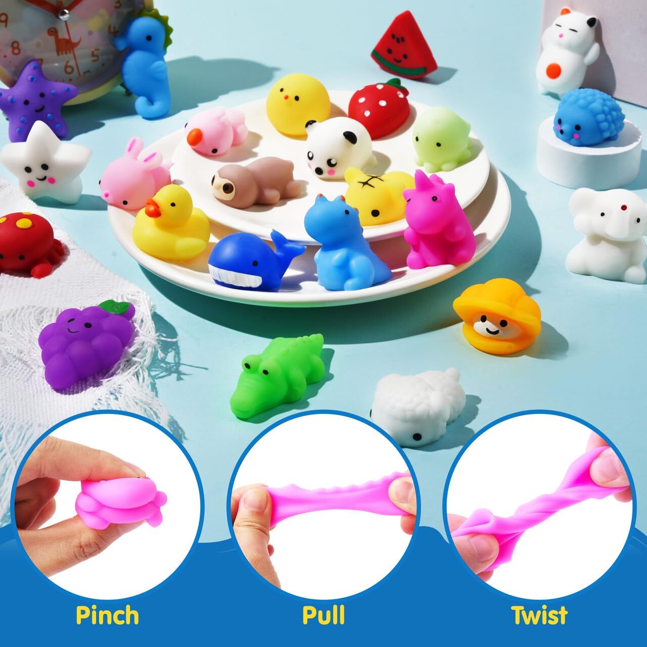 JOYIN Mochi Squishy Toys Set, 50 Pack Mini Mochi Party Favors for Kids, Kawaii Squishy Toy Stress Relief Toys, Goodie Bags Fillers with Storage Box, Pinata Stuffers, Classroom Prizes-1