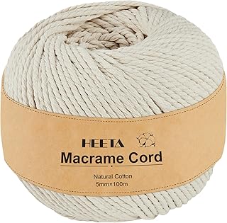 HEETA Macrame Cord, 5mm x 100m Soft Macrame Rope Natural Cotton String for Crafts Sturdy Eco-friendly 3 Strands Twisted Cotton String for Beginners DIY Home Decor