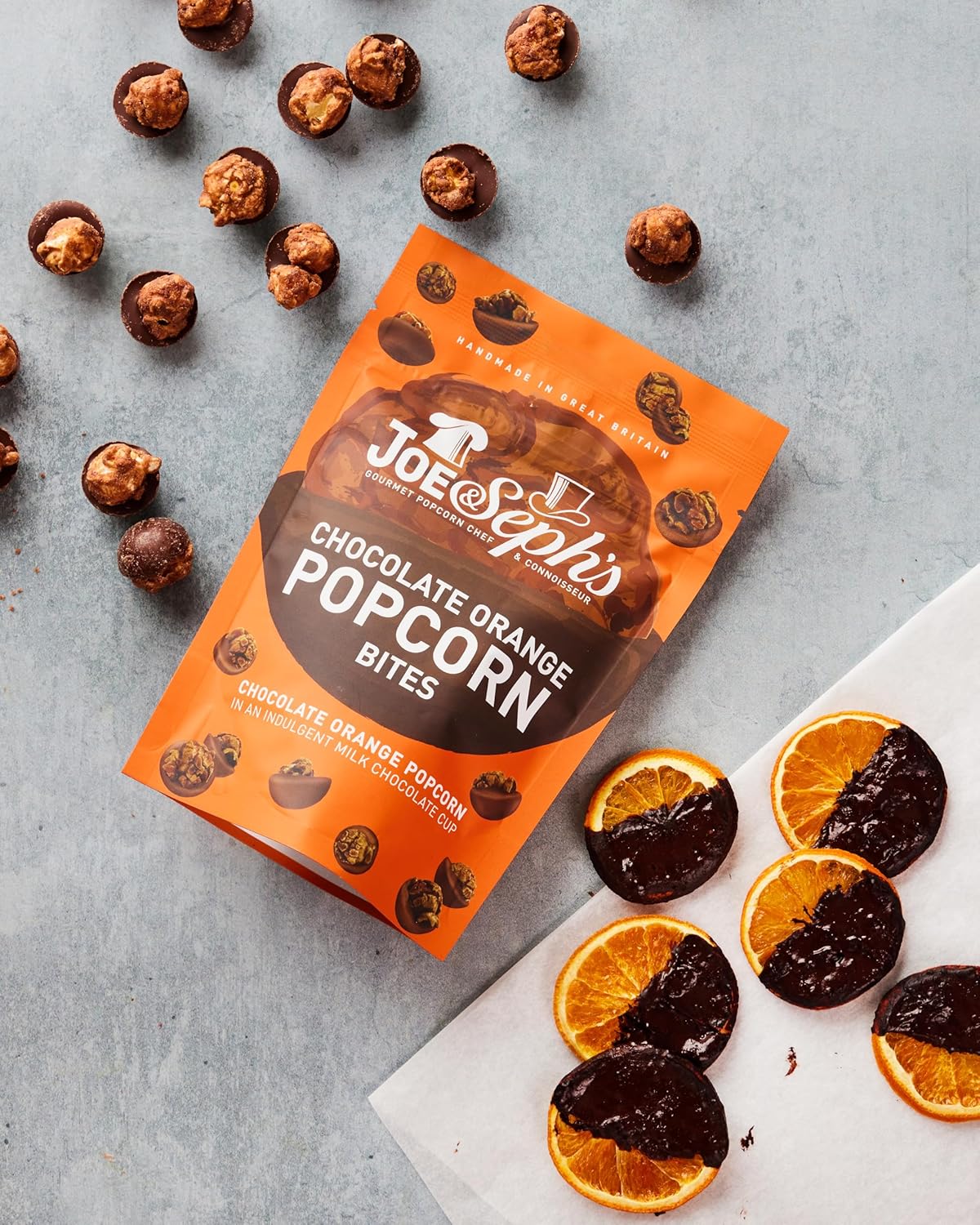 Joe & Seph’s Milk Chocolate Orange Popcorn Bites (1x63g) | Chocolate coated popcorn, salted caramel, milk chocolate, air popped popcorn, popcorn snack, on the go snack, sweet treat-1