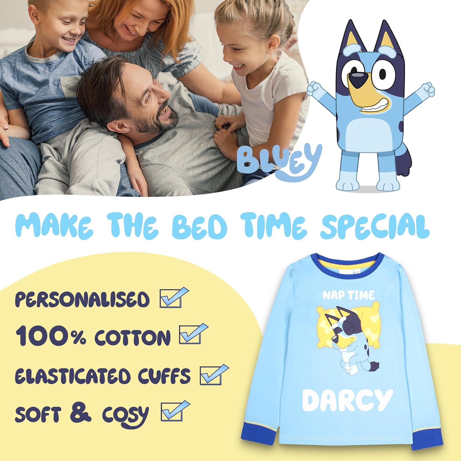 Bluey - Personalised Long Sleeve Pyjama - 100% Cotton, Soft & Warm Winter PJs for Boys & Girls - 4-5 Years Blue-2