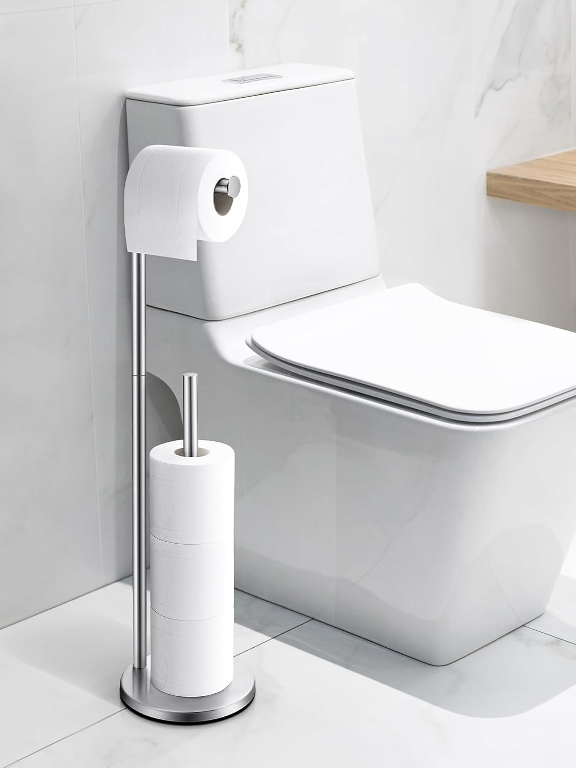 HEETA Toilet Roll Holder Free Standing, Modern Toilet Paper Holder Stainless Steel Bathroom Stand Holds 5 Paper Rolls, Non-Slip and Non-Rust Toilet Tissue Holder with Suction Cups and Weighted Base-6