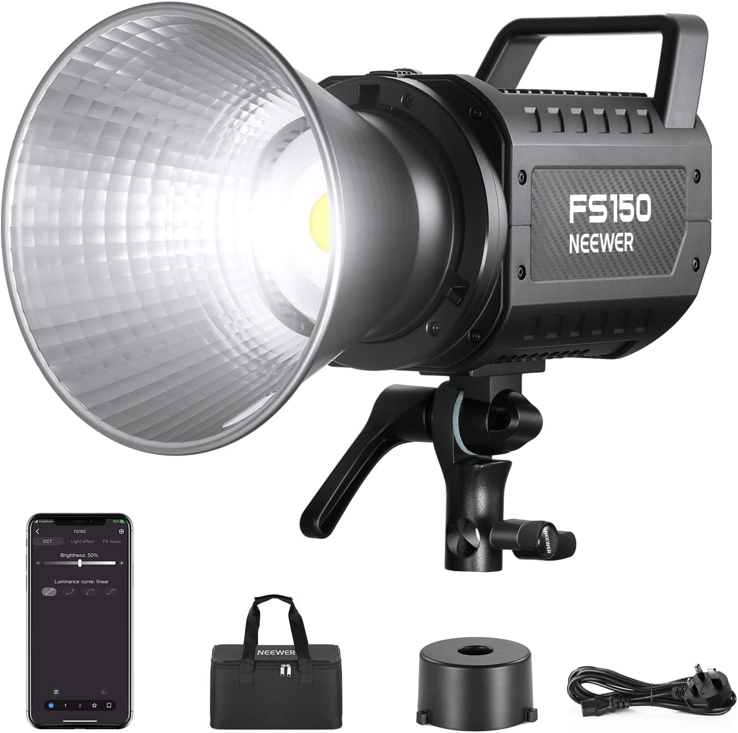 NEEWER FS150 LED Video Light 2.4G/APP Control, 130W 5600K COB Daylight Silent Photography Continuous Output Lighting 4 Precise Dimming Types 102000lux/1m CRI97+ 9 Effects Bowens Mount, UK Plug-0