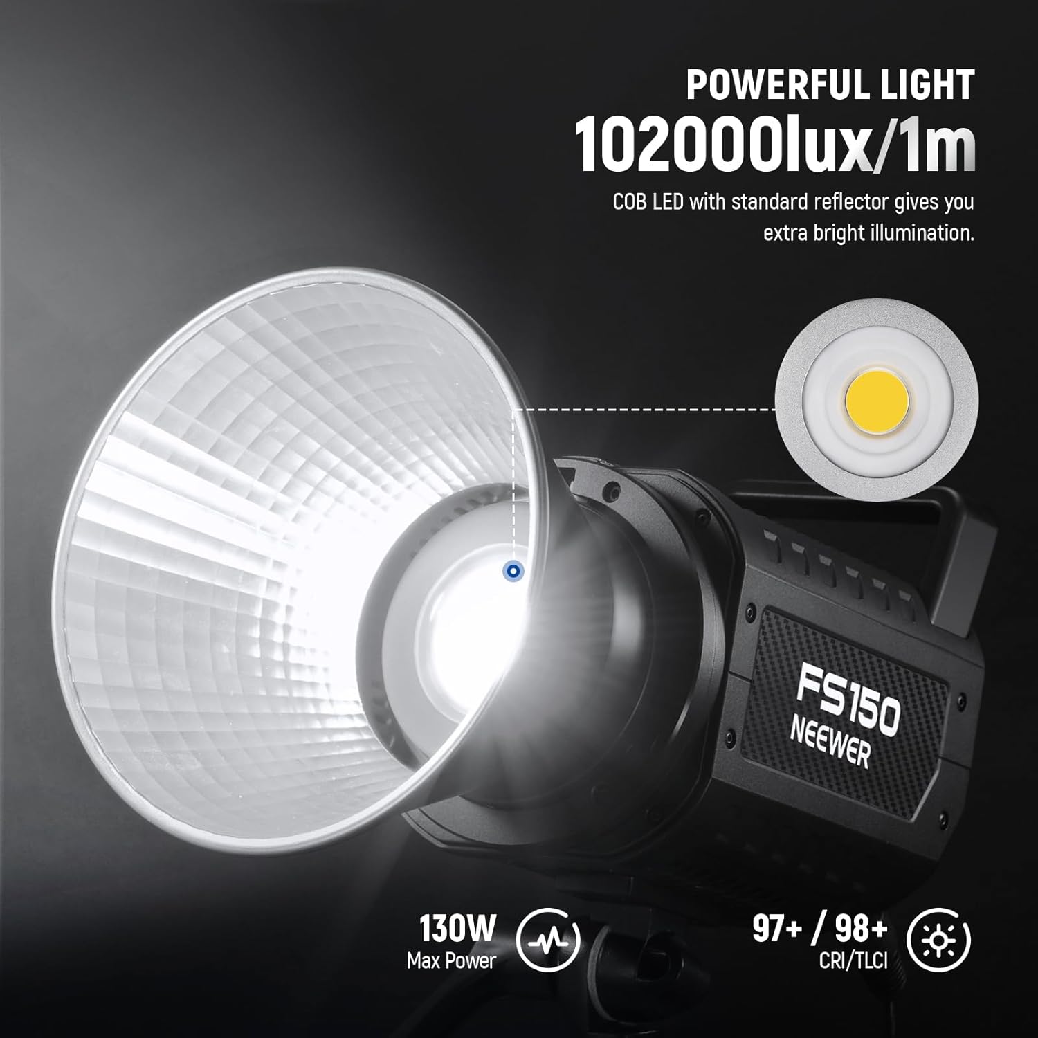 NEEWER FS150 LED Video Light 2.4G/APP Control, 130W 5600K COB Daylight Silent Photography Continuous Output Lighting 4 Precise Dimming Types 102000lux/1m CRI97+ 9 Effects Bowens Mount, UK Plug-1