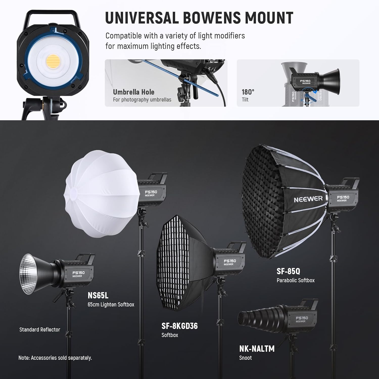 NEEWER FS150 LED Video Light 2.4G/APP Control, 130W 5600K COB Daylight Silent Photography Continuous Output Lighting 4 Precise Dimming Types 102000lux/1m CRI97+ 9 Effects Bowens Mount, UK Plug-8