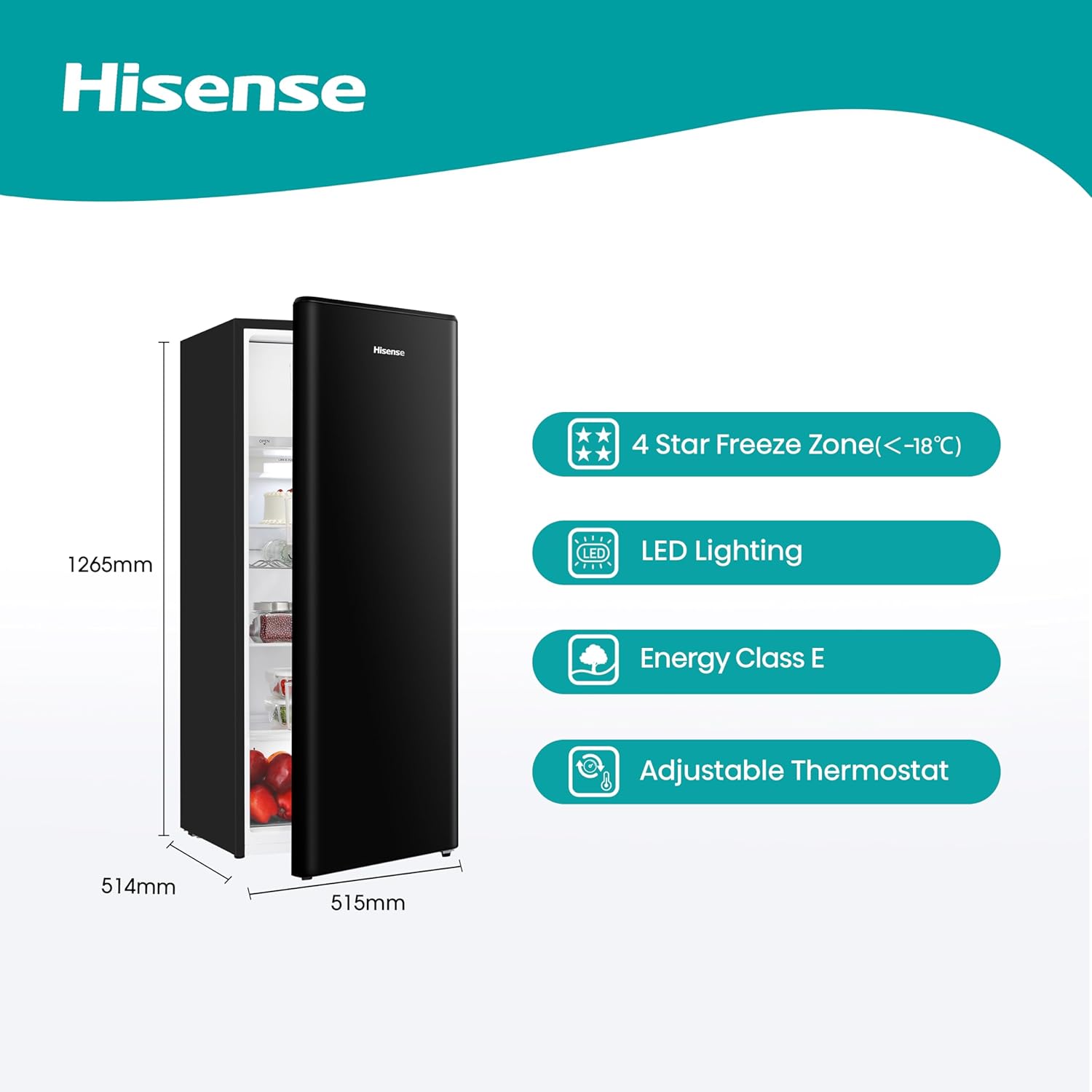 Hisense RR220D4BBE 52cm Freestanding Retro Fridge - 165-litre capacity with 4 star Ice box - Auto Defrost - Wine Rack - Black- E Rated, H128 x W51.9 x D51.3-1