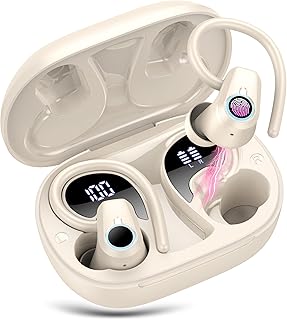 Poounur Wireless Earbuds, 2023 Wireless Earphones Bluetooth 5.3 Headphones Wireless, Over Ear Buds Wireless Earbuds with Earhooks, IP7 Waterproof 50H Stereo Wireless Headphones Sport, LED Display, Off White