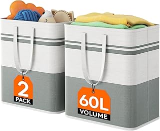 Lifewit 2 Pack Laundry Basket 60L, Freestanding Washing Bastet for Laundry, Collapsible Tall Dirty Clothes Basket Fabric Laundry Hamper with Handles For Bathroom Bedroom Dorm, Grey and White