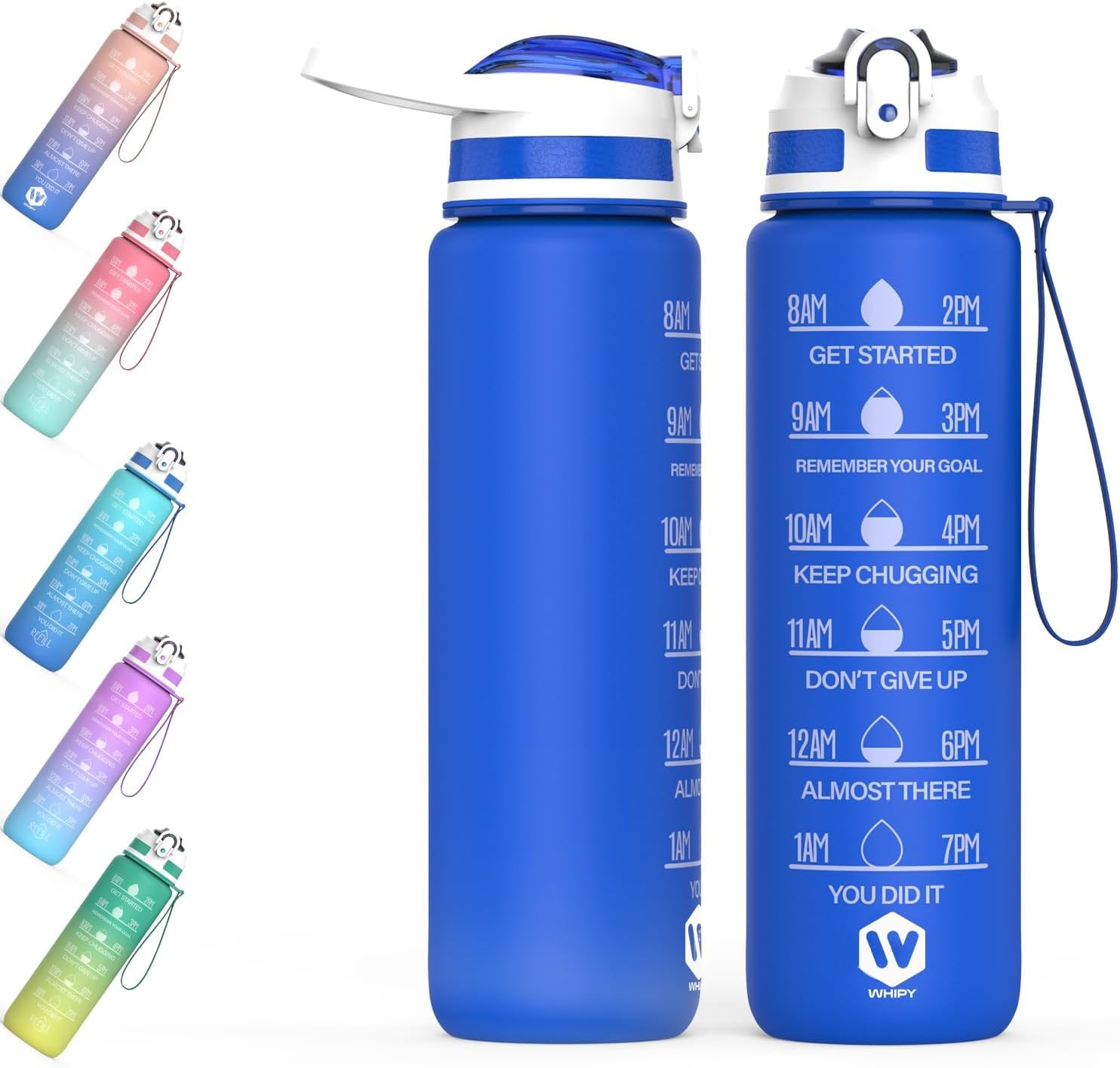 WHIPY 1L Water Bottle with Straw - Leak-Proof & BPA Free Reusable Sports Bottle - Motivational Time Markings for Hydration Durable Drink Bottle for Gym, Sports, Outdoor, Cycling, School (Blue)-0