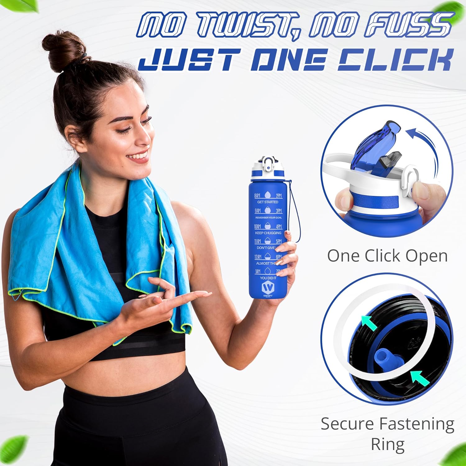 WHIPY 1L Water Bottle with Straw - Leak-Proof & BPA Free Reusable Sports Bottle - Motivational Time Markings for Hydration Durable Drink Bottle for Gym, Sports, Outdoor, Cycling, School (Blue)-2