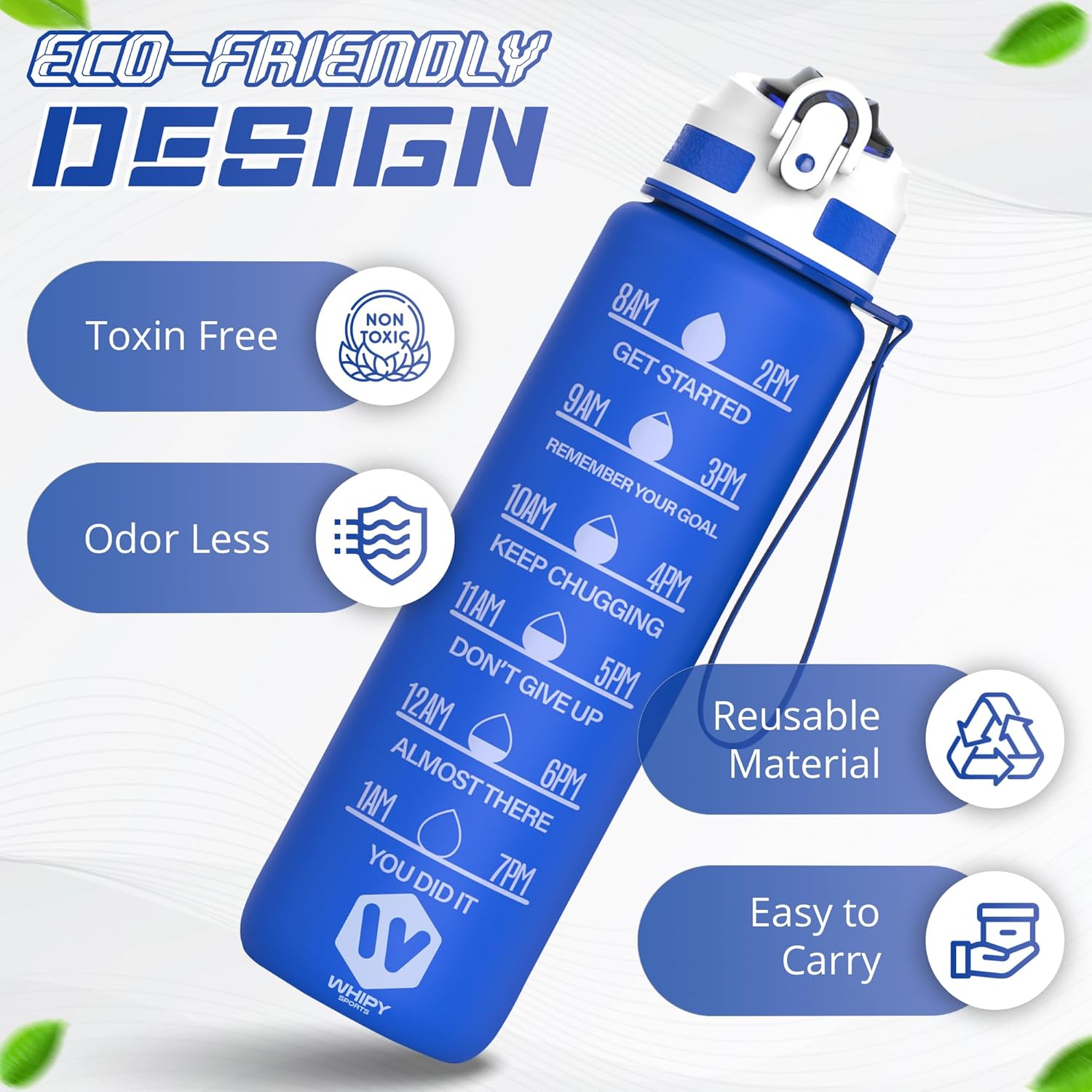 WHIPY 1L Water Bottle with Straw - Leak-Proof & BPA Free Reusable Sports Bottle - Motivational Time Markings for Hydration Durable Drink Bottle for Gym, Sports, Outdoor, Cycling, School (Blue)-3