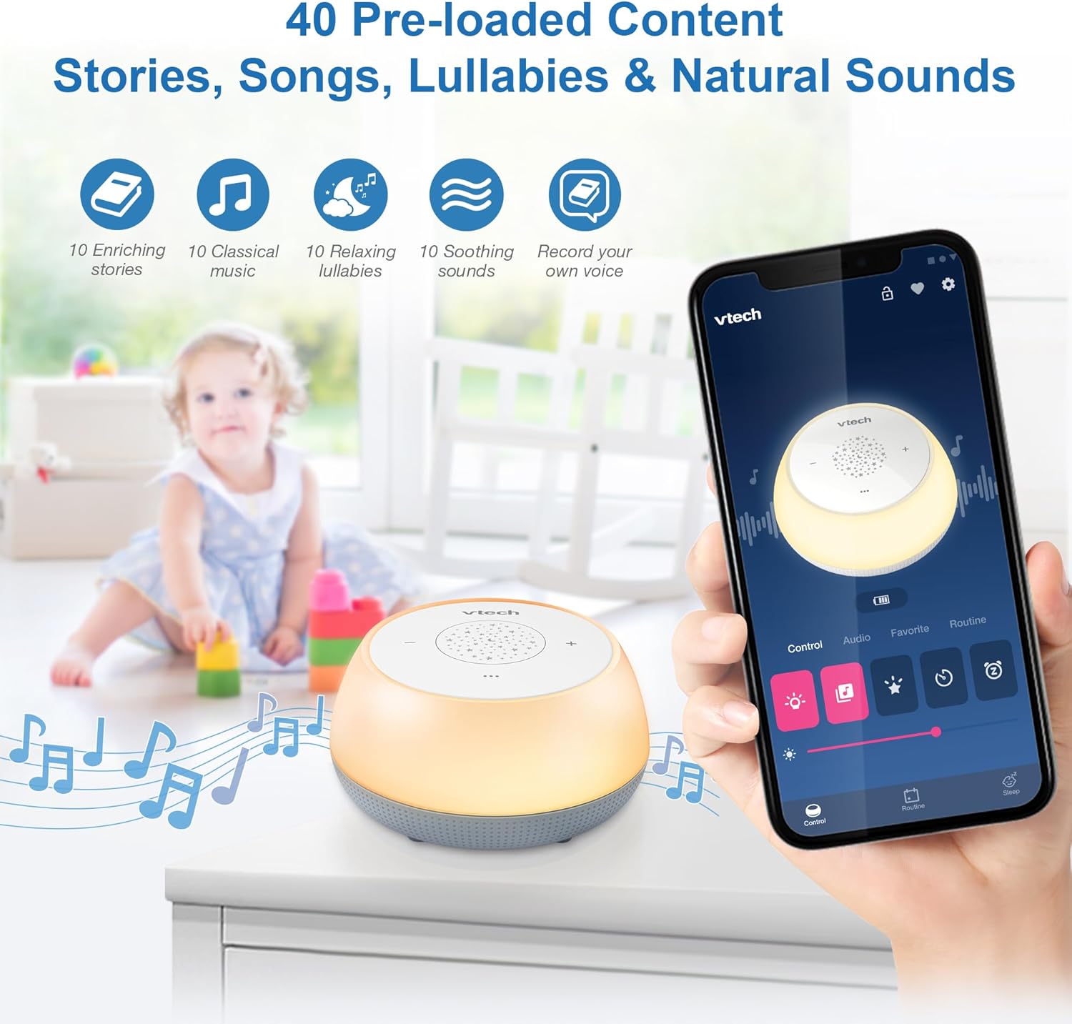 VTech BC8213 V-Hush Junior Sleep Training Soother with 40 Stories/Songs/Sounds & Record Your own Voice. Portable Bluetooth HD Speaker, 250+ Multi-Colour Night Light, Ceiling Projector-5