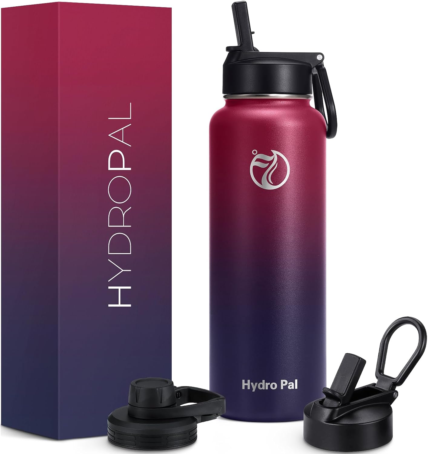 HydroPal Stainless Steel Drinking Bottle - 750 ml, 1 L, 1.2 L, BPA-Free, Suitable for Carbonated Drinks, Insulated Thermos Flask with Straw and 2 Lids, Leak-Proof Insulated Bottle for Children,-0