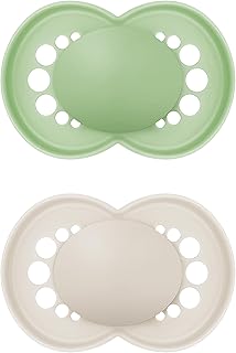 MAM Original Soother 6+ Months (Pack of 2), Baby Soother Made from Sustainable Material, SkinSoft Silicone Teat, with MAM Soother Case, Cream (Designs May Vary)