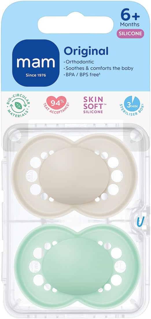 MAM Original Soother 6+ Months (Pack of 2), Baby Soother Made from Sustainable Material, SkinSoft Silicone Teat, with MAM Soother Case, Cream (Designs May Vary)-1