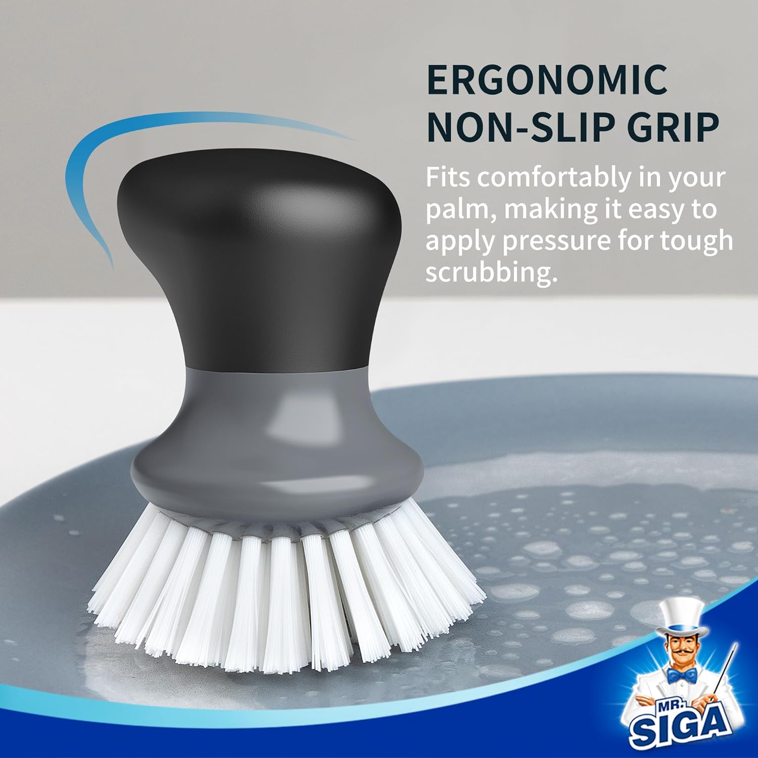 MR.SIGA Palm Dish Brush with Ergonomic Handle, Kitchen Brush for Pot Pan Plate Sink Cleaning, Grey, Pack of 2-2