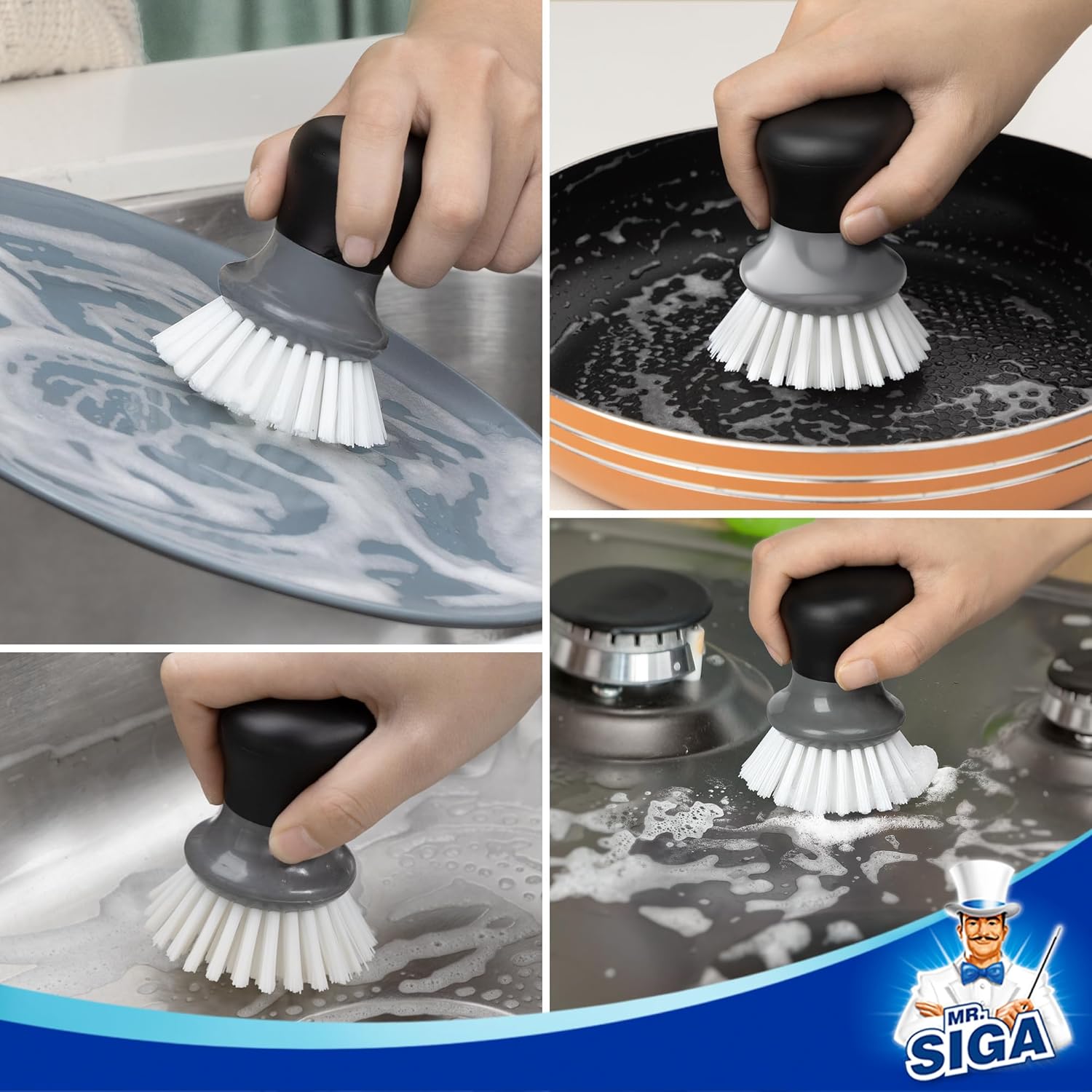 MR.SIGA Palm Dish Brush with Ergonomic Handle, Kitchen Brush for Pot Pan Plate Sink Cleaning, Grey, Pack of 2-4