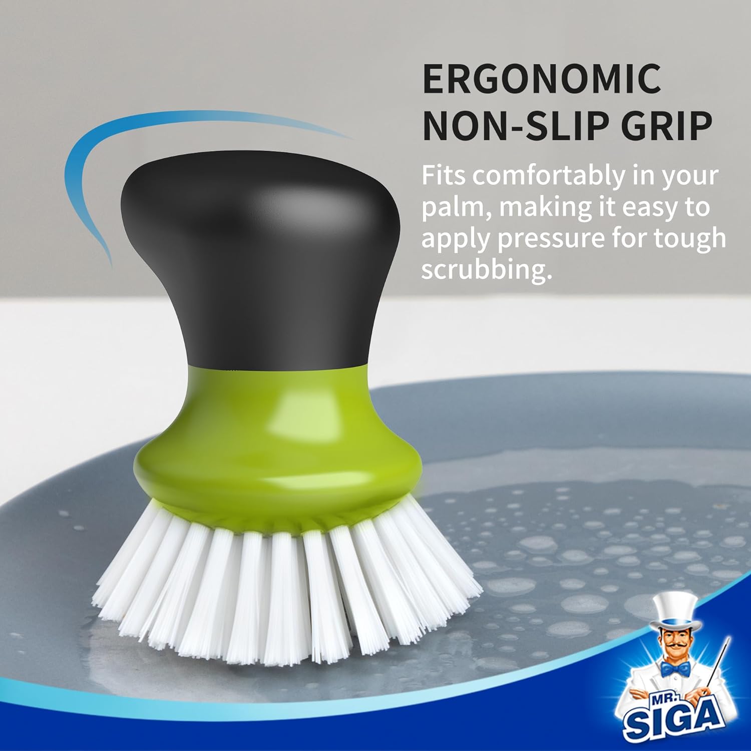 MR.SIGA Palm Dish Brush with Ergonomic Handle, Kitchen Brush for Pot Pan Plate Sink Cleaning, Green, Pack of 2-2