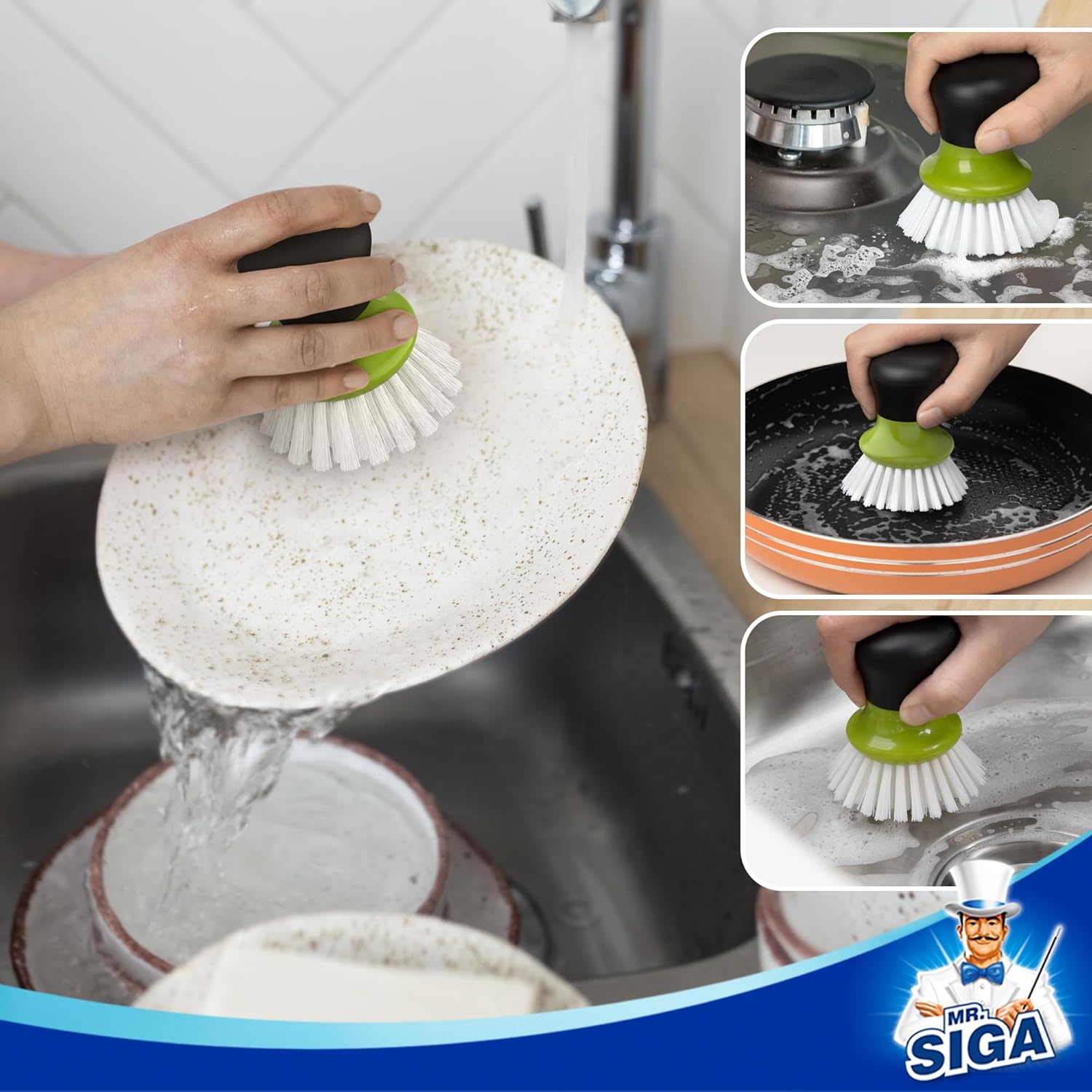 MR.SIGA Palm Dish Brush with Ergonomic Handle, Kitchen Brush for Pot Pan Plate Sink Cleaning, Green, Pack of 2-4