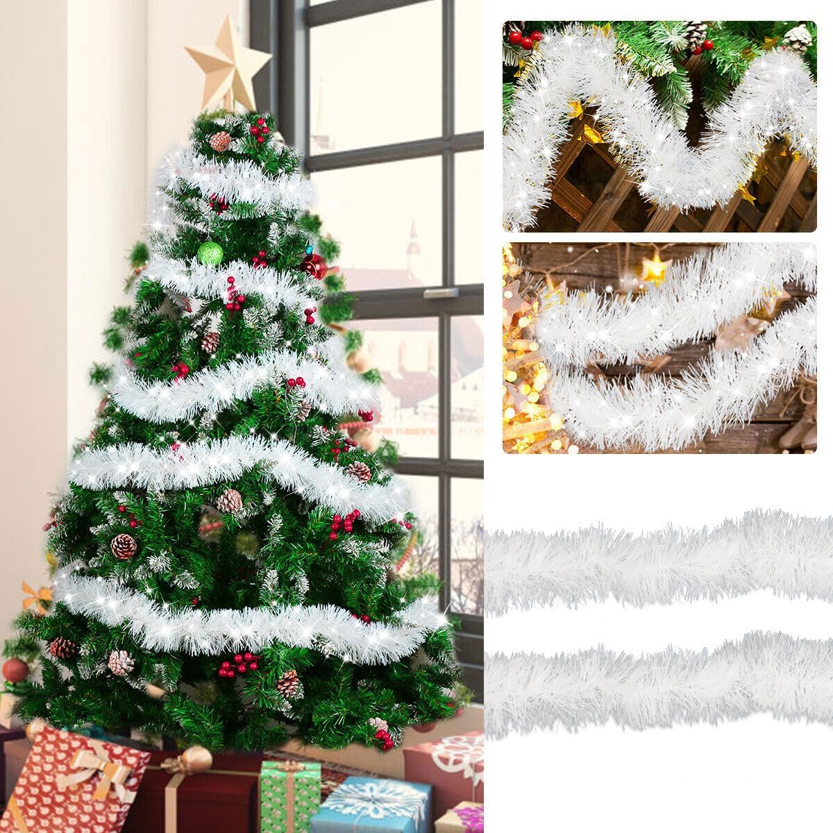 sanjianke-fs 6 Meters White Christmas Chunky Tinsel Garland with Star for Christmas Tree Decorations-3