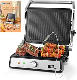 Aigostar Sandwich Toaster 2000W Toastie Maker with Meat Thermometer, Recipes, Deep Fill Panini Press with Removable Non-Stick Plate, 180° Flat Open Large Grill, Adjustable Temperature, Stainless Steel