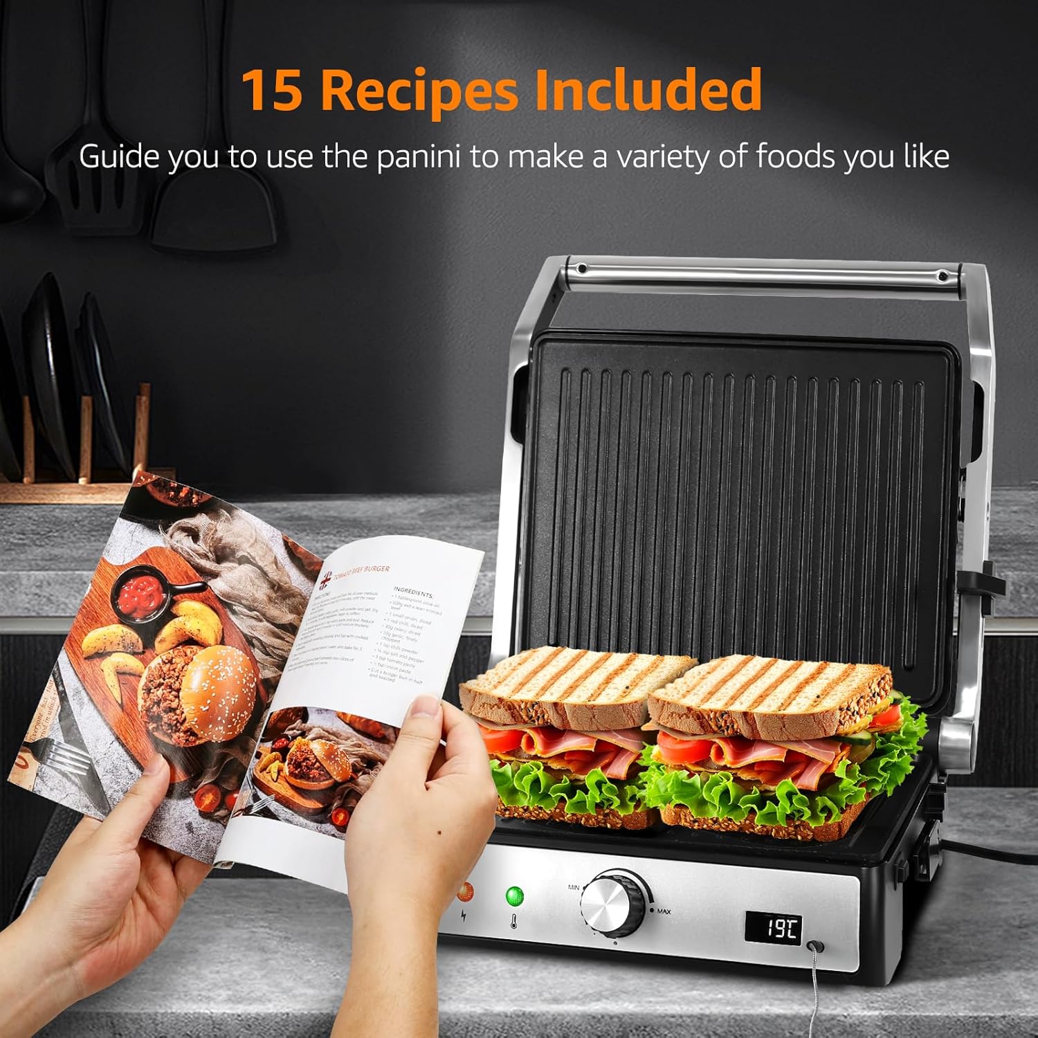 Aigostar Sandwich Toaster 2000W Toastie Maker with Meat Thermometer, Recipes, Deep Fill Panini Press with Removable Non-Stick Plate, 180° Flat Open Large Grill, Adjustable Temperature, Stainless Steel-4