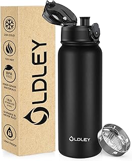 OLDLEY 600ml/20oz Stainless Steel Water Bottle Double Walled Vacuum Flask Keeps Drink Hot and Cold Leakproof BPA Free 600ML Metal Insulated Water Bottle for Sport School Work Outdoor Hiking (Black)