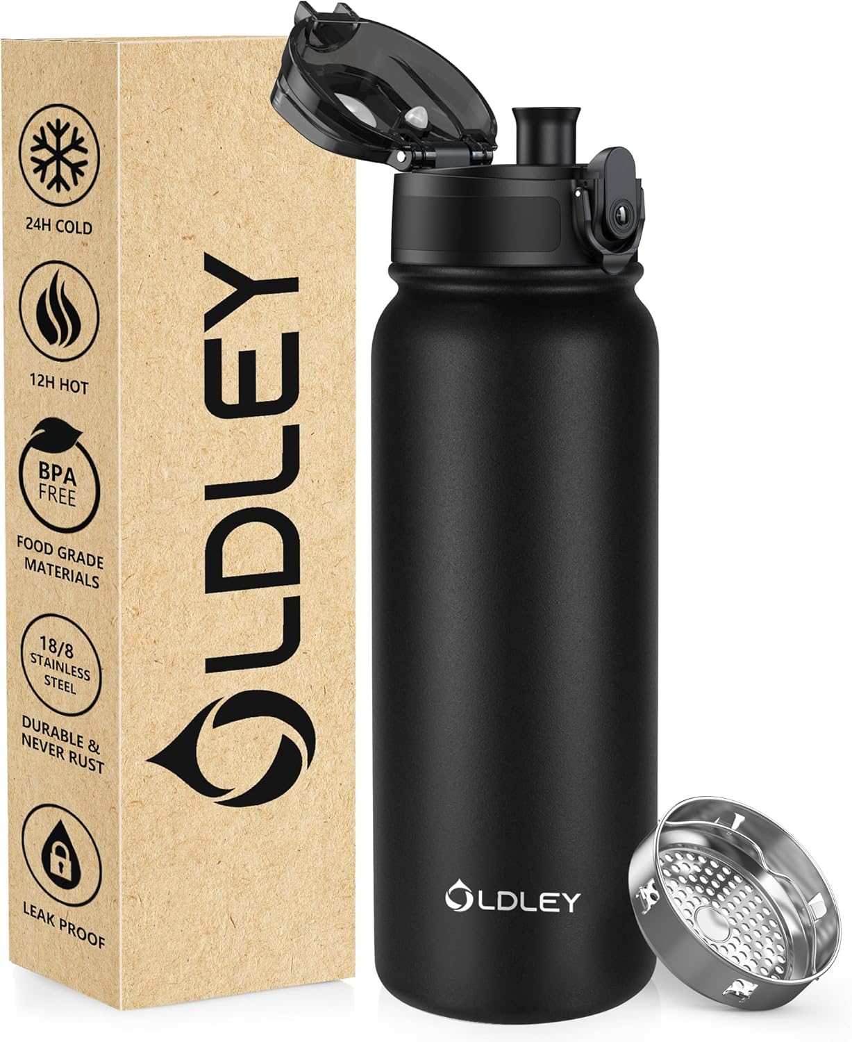 OLDLEY 600ml/20oz Stainless Steel Water Bottle Double Walled Vacuum Flask Keeps Drink Hot and Cold Leakproof BPA Free 600ML Metal Insulated Water Bottle for Sport School Work Outdoor Hiking (Black)-0