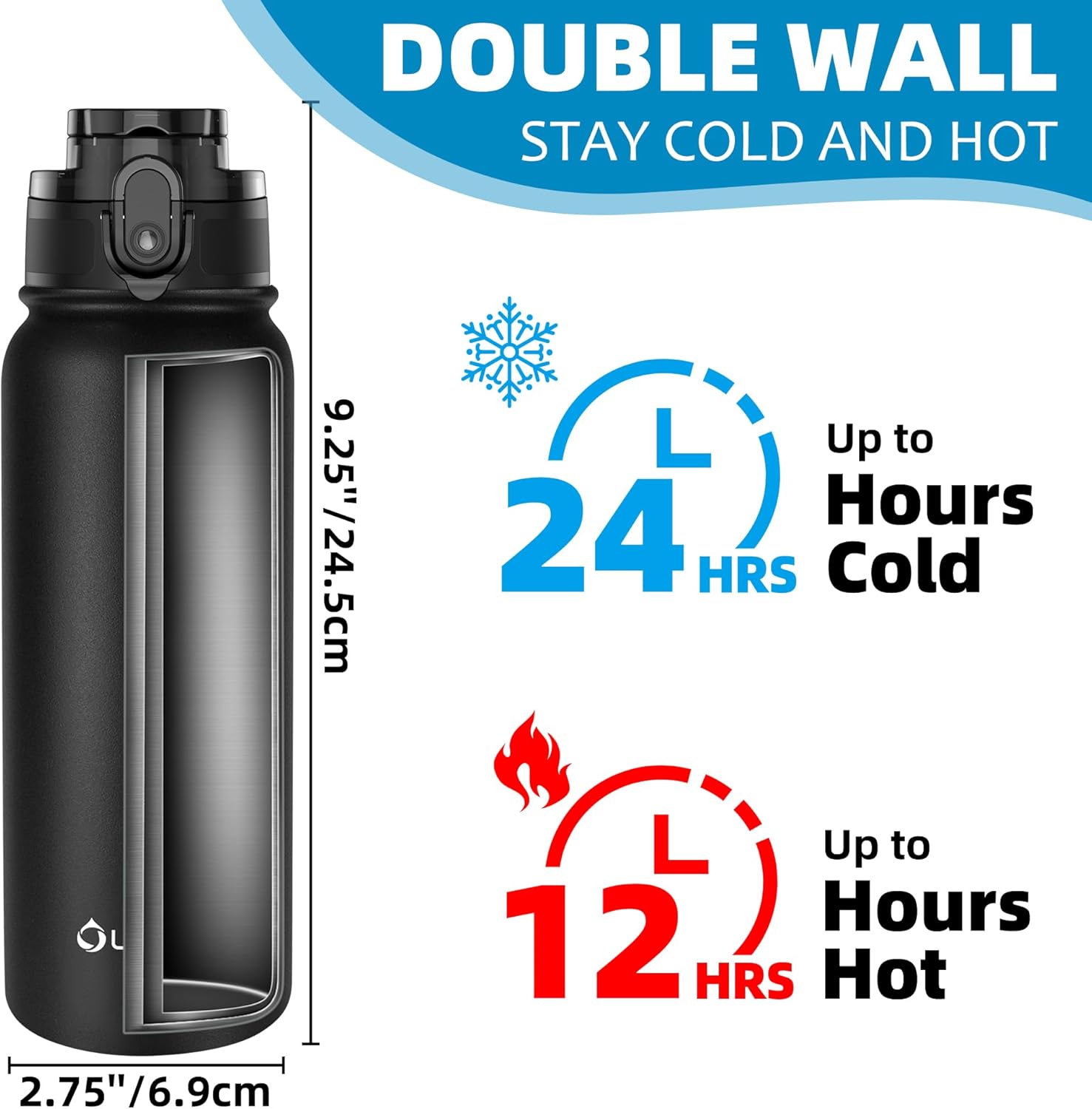 OLDLEY 600ml/20oz Stainless Steel Water Bottle Double Walled Vacuum Flask Keeps Drink Hot and Cold Leakproof BPA Free 600ML Metal Insulated Water Bottle for Sport School Work Outdoor Hiking (Black)-3