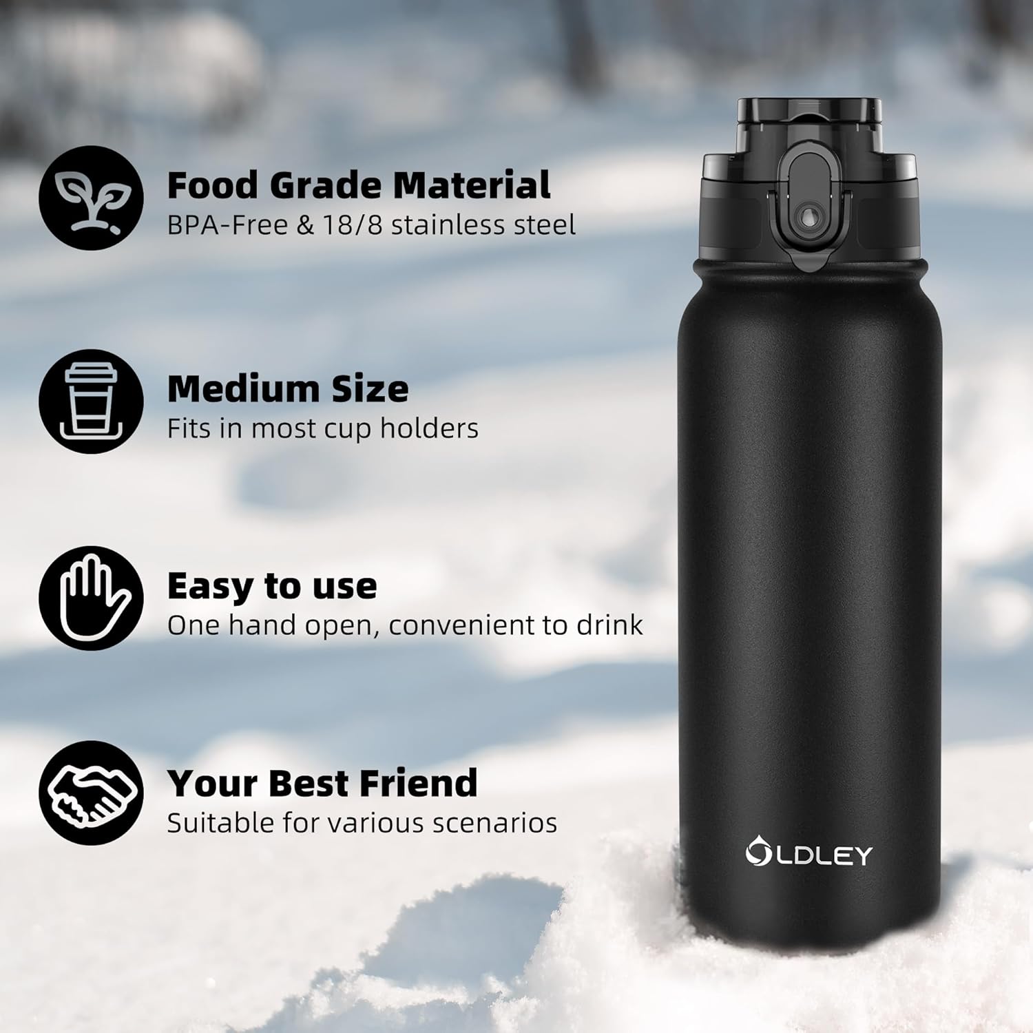 OLDLEY 600ml/20oz Stainless Steel Water Bottle Double Walled Vacuum Flask Keeps Drink Hot and Cold Leakproof BPA Free 600ML Metal Insulated Water Bottle for Sport School Work Outdoor Hiking (Black)-5