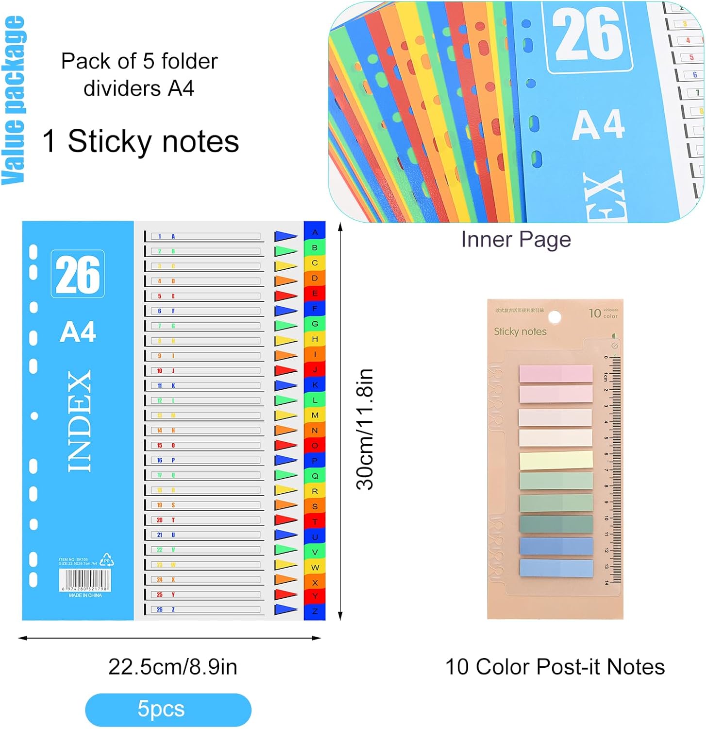 JTOOYS File Dividers A4 26-Part, 5 Pack Plastic Letter A-Z for Lever Arch Files, Binder Ring Binders Wide Color Tabs Multipurpose Porous Index School, Home, Office,(JTOO-G200)-2