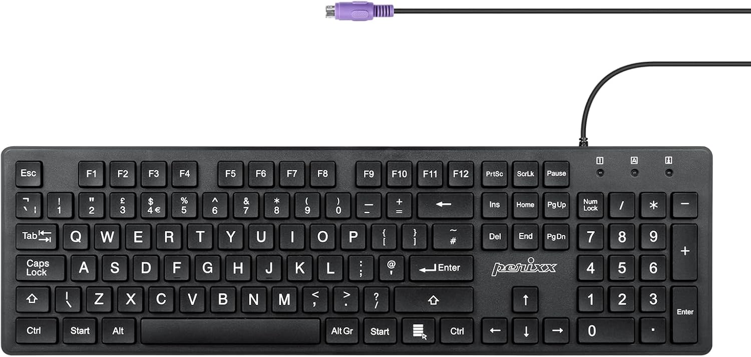 Perixx PERIBOARD-117P Wired PS/2 Full Size Keyboard, Bright Large Print, Durable, Compatible with Windows, Classic Black, UK QWERTY-0