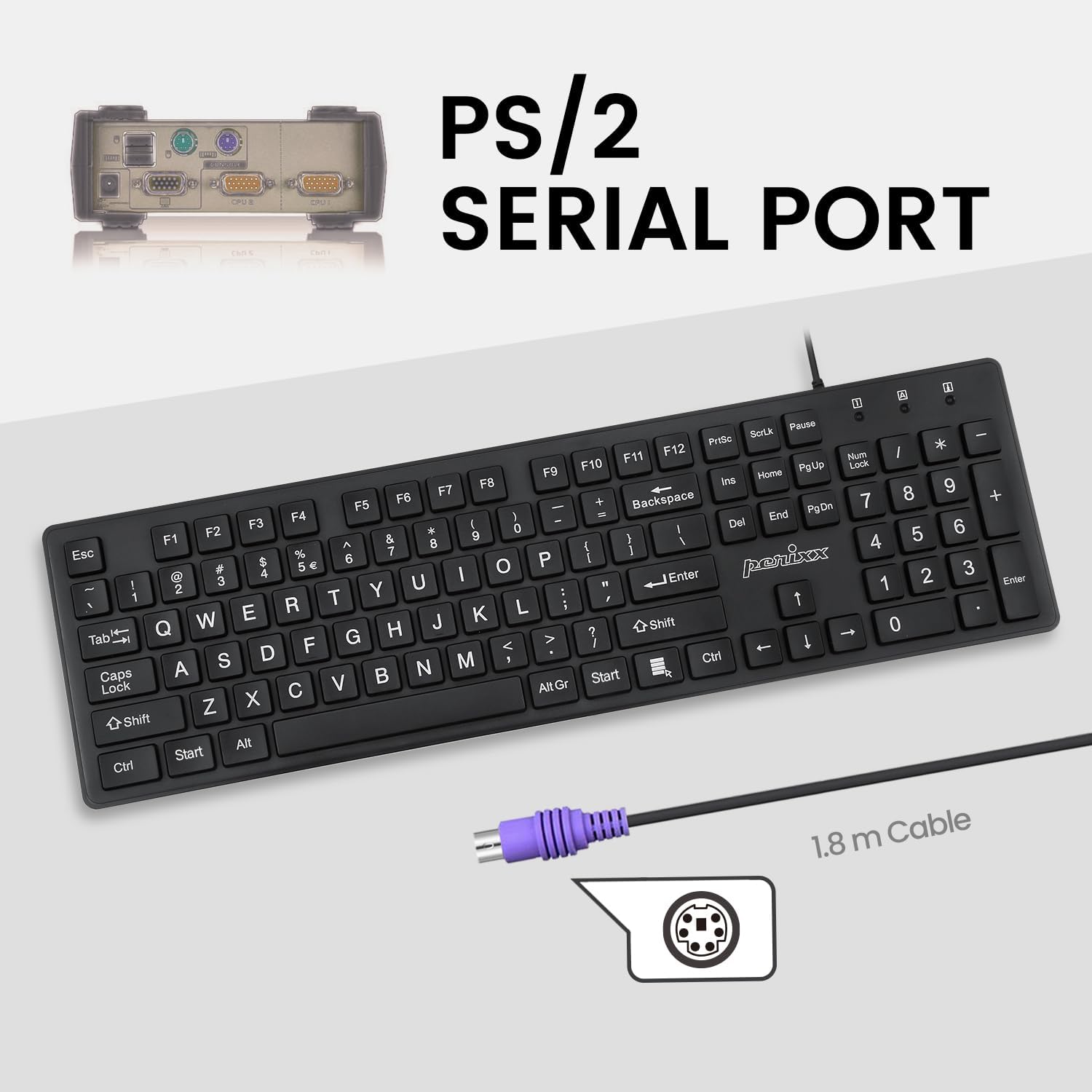 Perixx PERIBOARD-117P Wired PS/2 Full Size Keyboard, Bright Large Print, Durable, Compatible with Windows, Classic Black, UK QWERTY-4