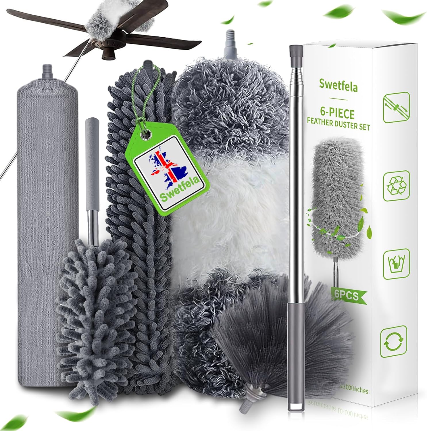 Swetfela 6 PCS Feather Duster, Duster Expandable 10-100 Inches, Reusable Bendable Dusters for Cleaning, Extendable Duster for Cleaning Dust Cobwebs on High Ceiling Fans Lights Blinds Cars Furniture-0