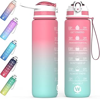 WHIPY 1L Water Bottle with Straw - Leak-Proof & BPA Free Reusable Sports Bottle - Motivational Time Markings for Hydration Durable Drink Bottle for Gym, Sports, Outdoor, Cycling (Red & Green)