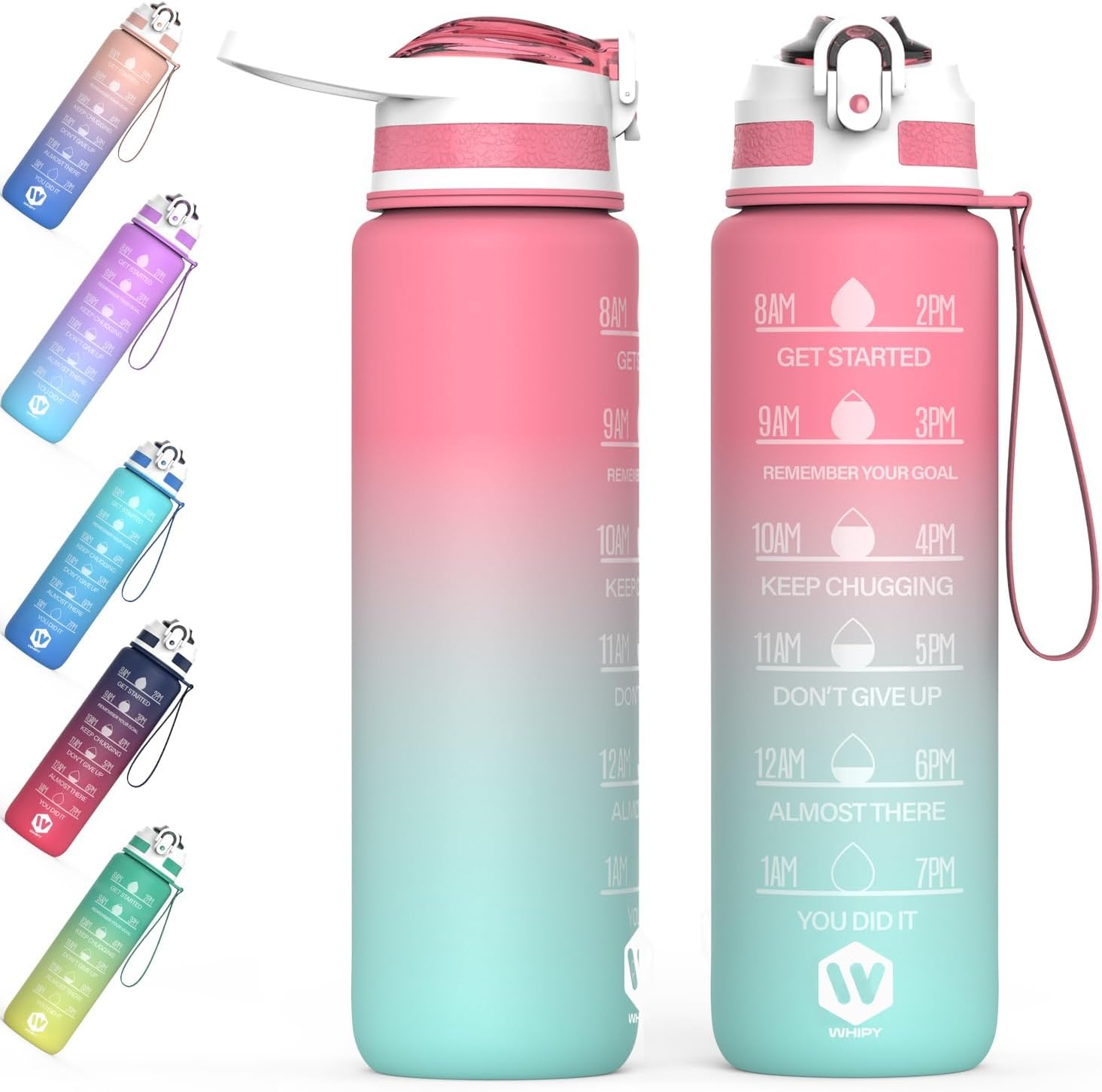 WHIPY 1L Water Bottle with Straw - Leak-Proof & BPA Free Reusable Sports Bottle - Motivational Time Markings for Hydration Durable Drink Bottle for Gym, Sports, Outdoor, Cycling (Red & Green)-0